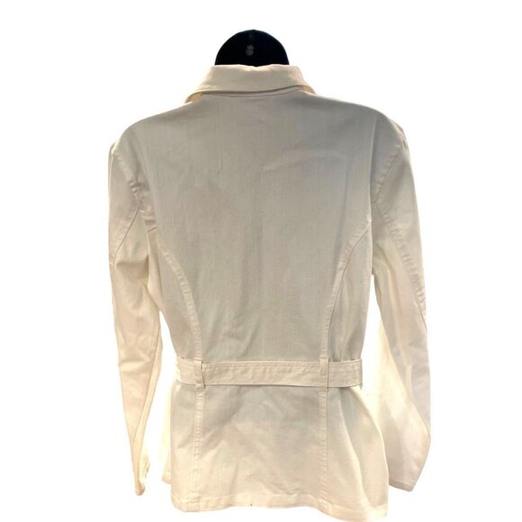 French Cuff White Belted Stretch Denim Buttoned Jacket Sz L - Picture 2 of 10